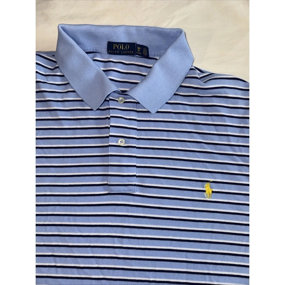 Polo‎ Ralph Lauren Men's 2XB Big Cotton Polo Blue Navy White Striped Yellow Pony